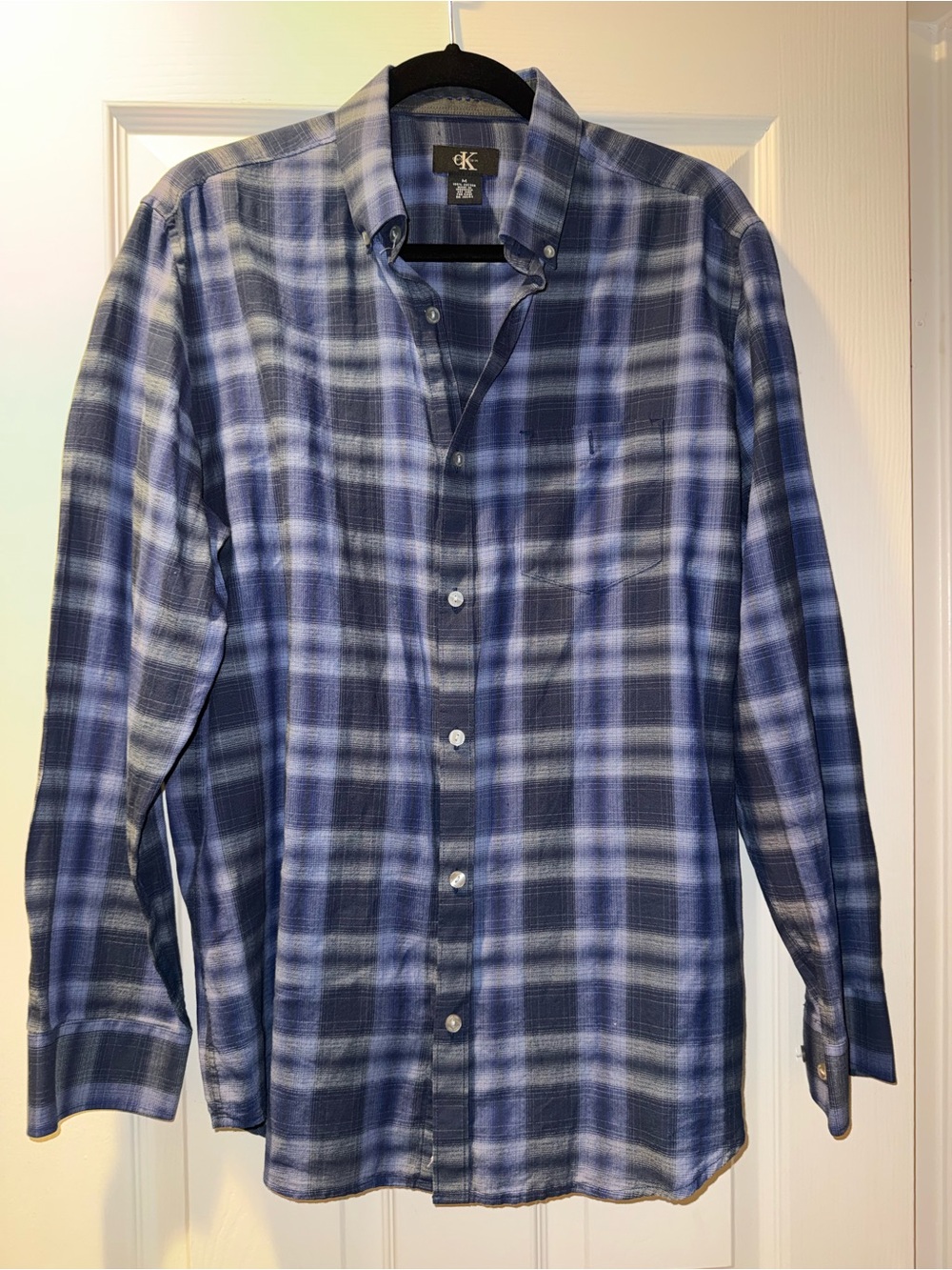 Calvin Klein Blue and Gray Plaid/Check Button-Down Shirt
